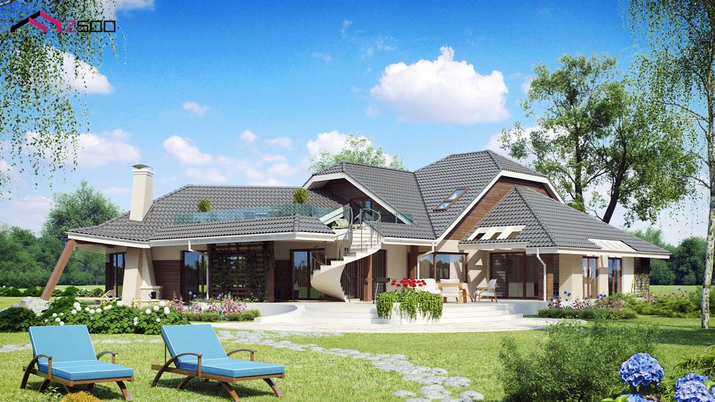 Dom z drewna Zr5+d: rezydencja 348 m², widok boczny
